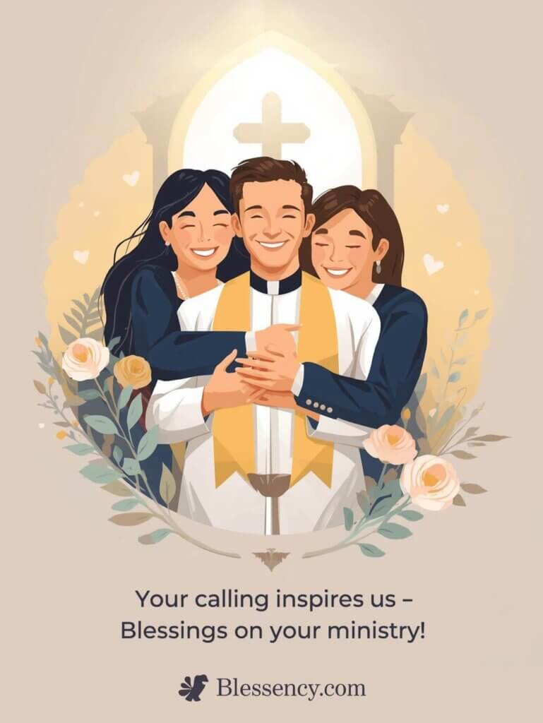 Ordination Day Wishes for Friend, Brother & Family Member — illustrator style Christian celebration image, family congratulating newly ordained clergy, ministry blessings — Blessency.com