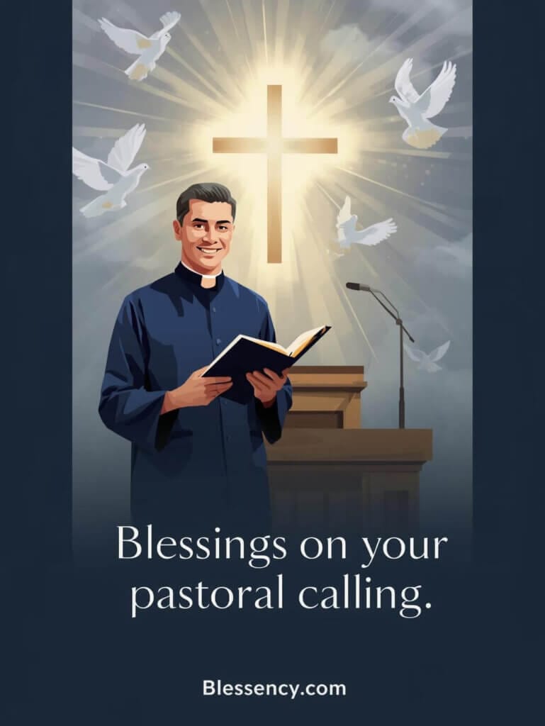 Illustrator style Pastor Ordination Wishes Pinterest image with pastor holding Bible, glowing cross, doves and spiritual blessing quote — Christian ordination greetings — Blessency.com