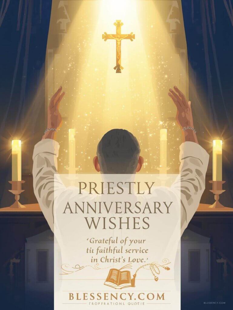 Priestly Anniversary Wishes & Inspirational Quotes — illustrator style Pinterest pin featuring a priest celebrating years of service, golden cross, ministry blessings — Blessency.com